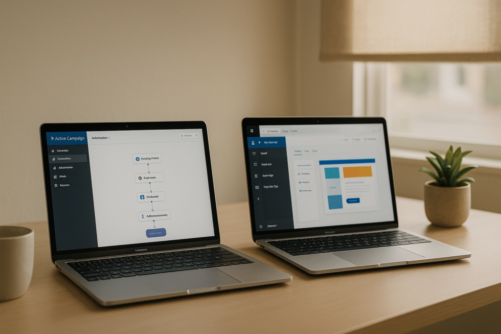 Two laptops on a minimalist desk — one with ActiveCampaign, the other with ClickFunnels, in a cozy, softly lit workspace.