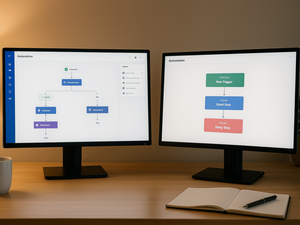 Two computer screens showing marketing automation workflows side by side, symbolizing the difference between ActiveCampaign and ClickFunnels automation styles.