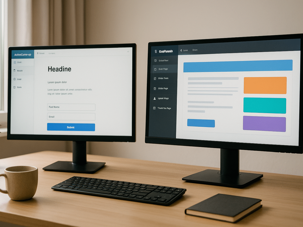 Two screens showing landing page editors — one minimalist (ActiveCampaign) and one with colorful funnel layouts (ClickFunnels).