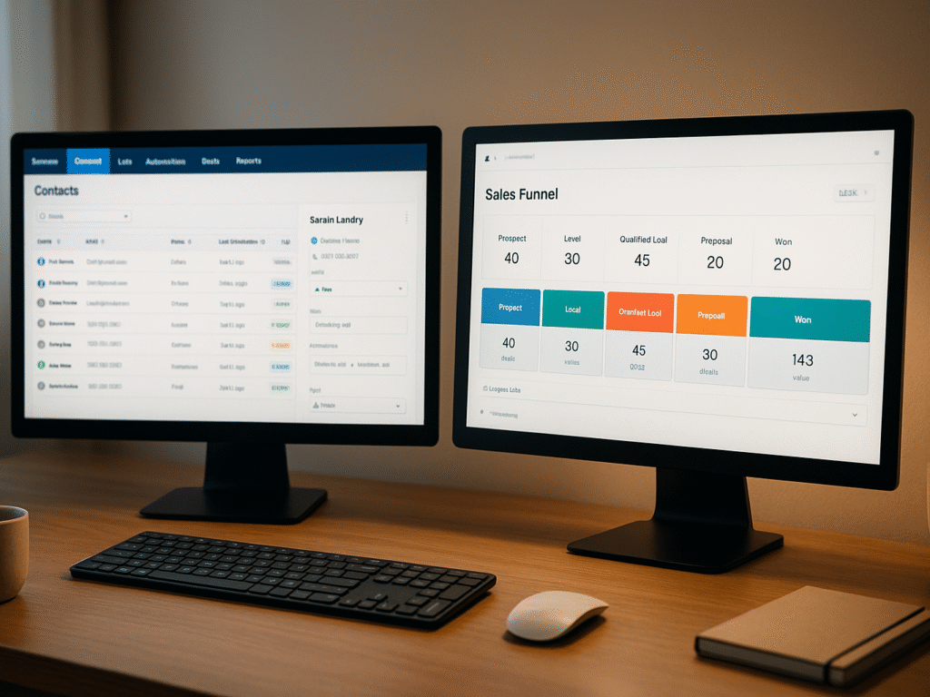 Two monitors showing CRM dashboards — one detailed with contact lists and automations (ActiveCampaign), and the other with a simple sales funnel overview (ClickFunnels).