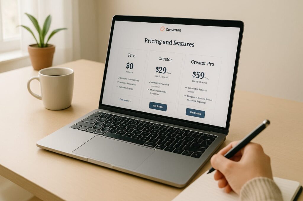 A person browsing the ConvertKit pricing plans on a laptop, with notes and a coffee mug beside them on a clean desk.