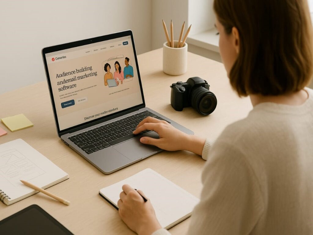 A creative professional working at a laptop with ConvertKit’s homepage open, surrounded by sketch notes and a camera, in a bright, organized workspace.

