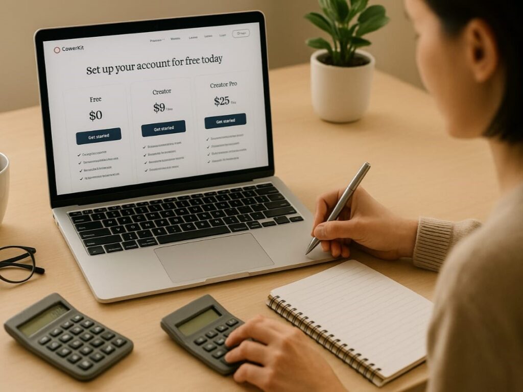A laptop screen showing ConvertKit’s pricing tiers while someone compares plans using a notepad and calculator beside them.


