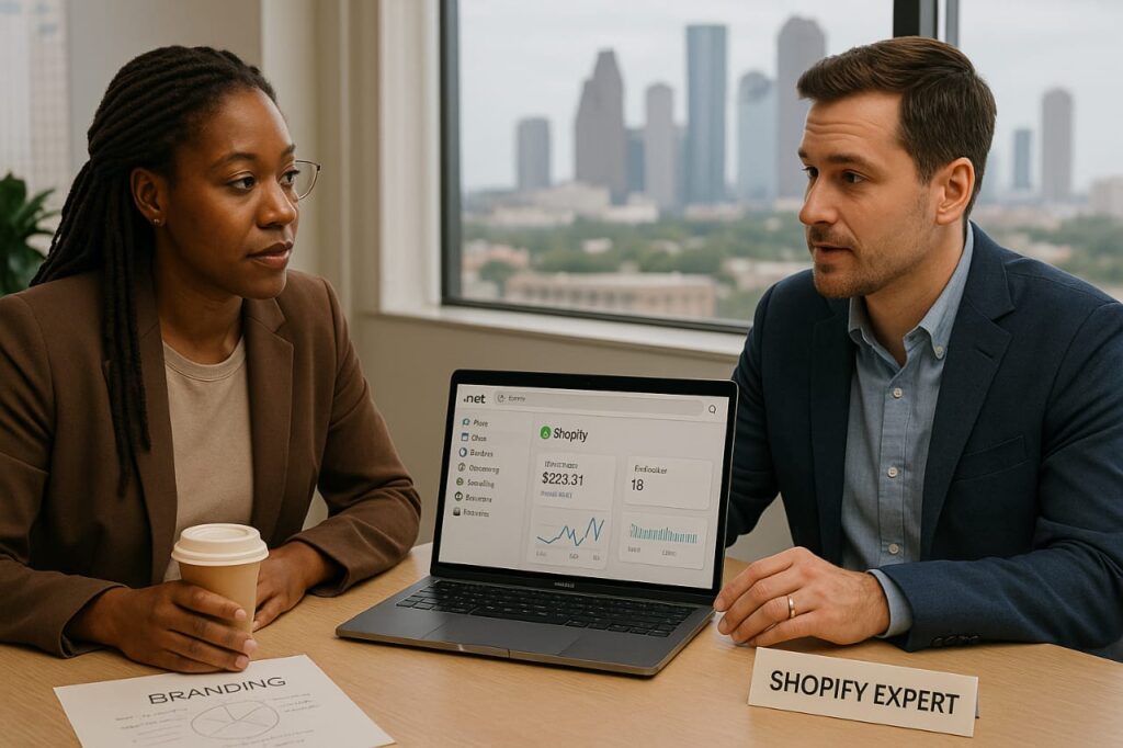A business owner sitting across from a web designer at a modern desk, reviewing a Shopify site on a laptop, with notes and branding materials nearby.