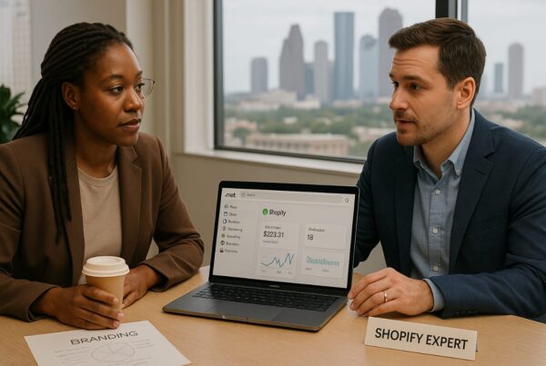 A business owner sitting across from a web designer at a modern desk, reviewing a Shopify site on a laptop, with notes and branding materials nearby.