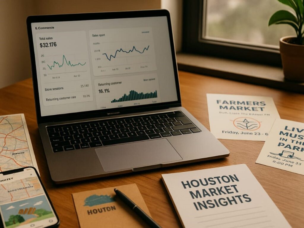 A person reviewing market research data on a laptop, with a Houston city map and local business flyers spread out on the table.