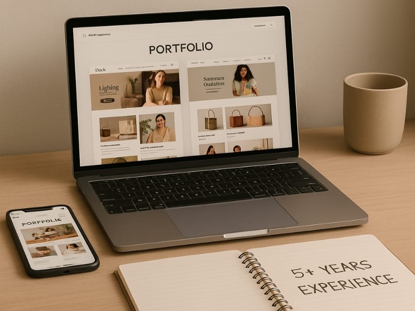 A designer’s workspace with framed Shopify certification on the wall, a laptop open to a project portfolio, and a notepad showing years of experience.
