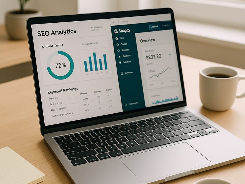 A marketing specialist analyzing SEO data on a laptop, with open tabs showing keyword tools, traffic graphs, and a Shopify dashboard.
