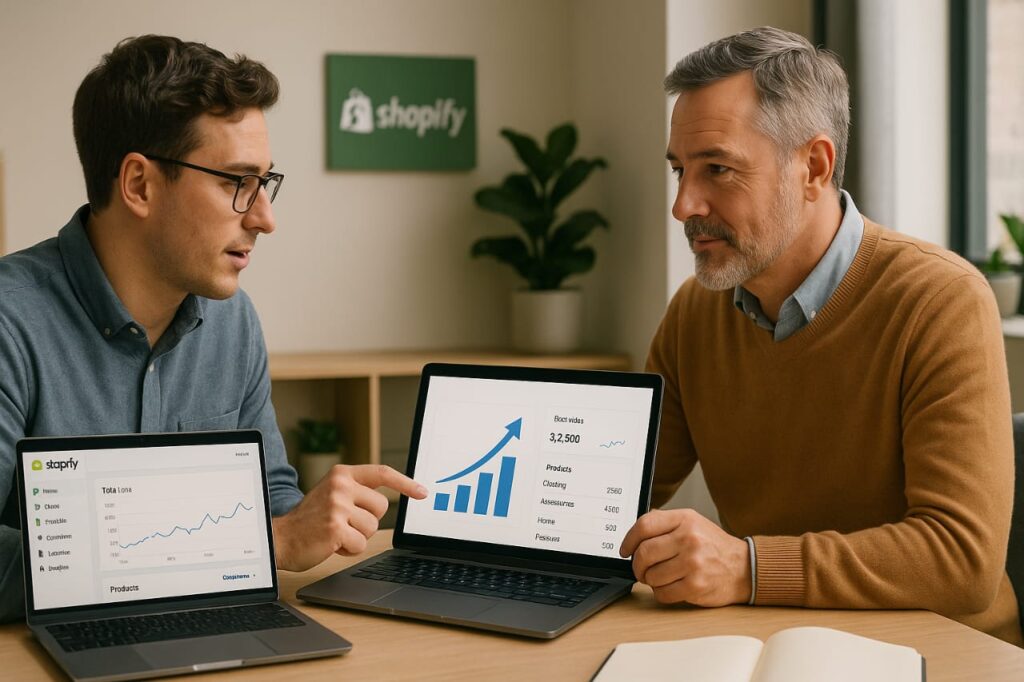A business owner reviewing a growth strategy chart with a Shopify developer, both looking at a tablet showing sales trends and scalable store features.