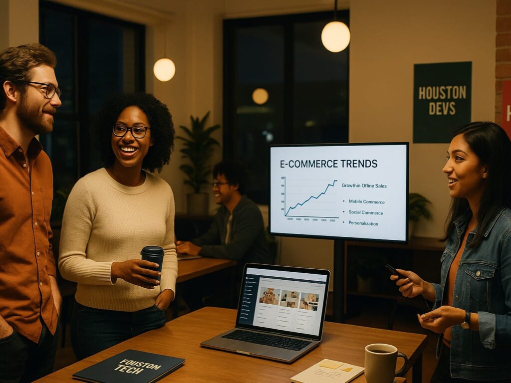 A small group of tech professionals networking at a local Houston meetup, with laptops open and a presentation screen in the background.