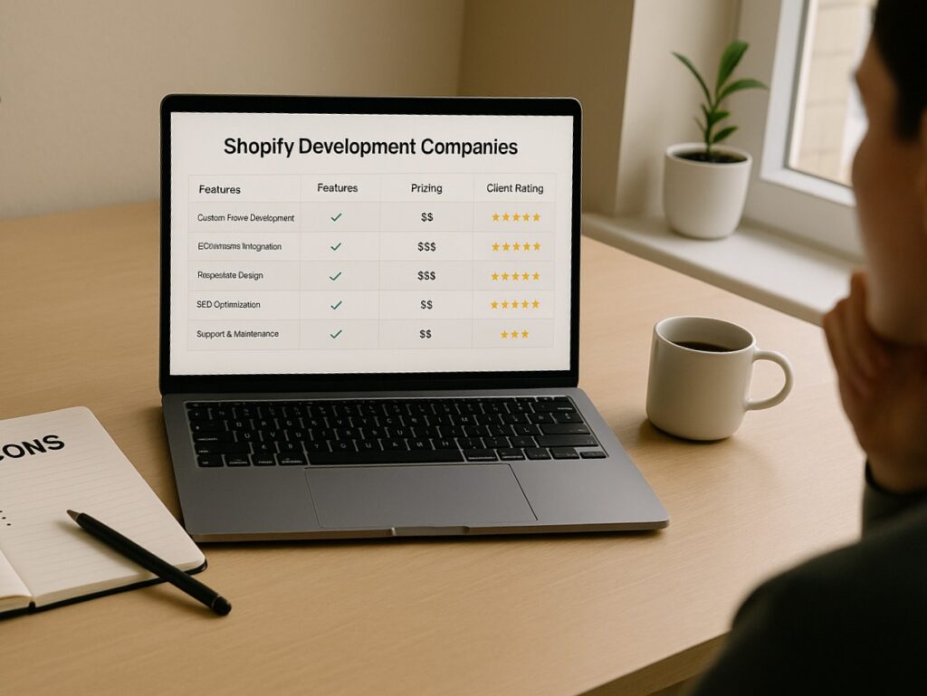 A person comparing development company profiles on a laptop, with side-by-side feature charts and service reviews visible on the screen.