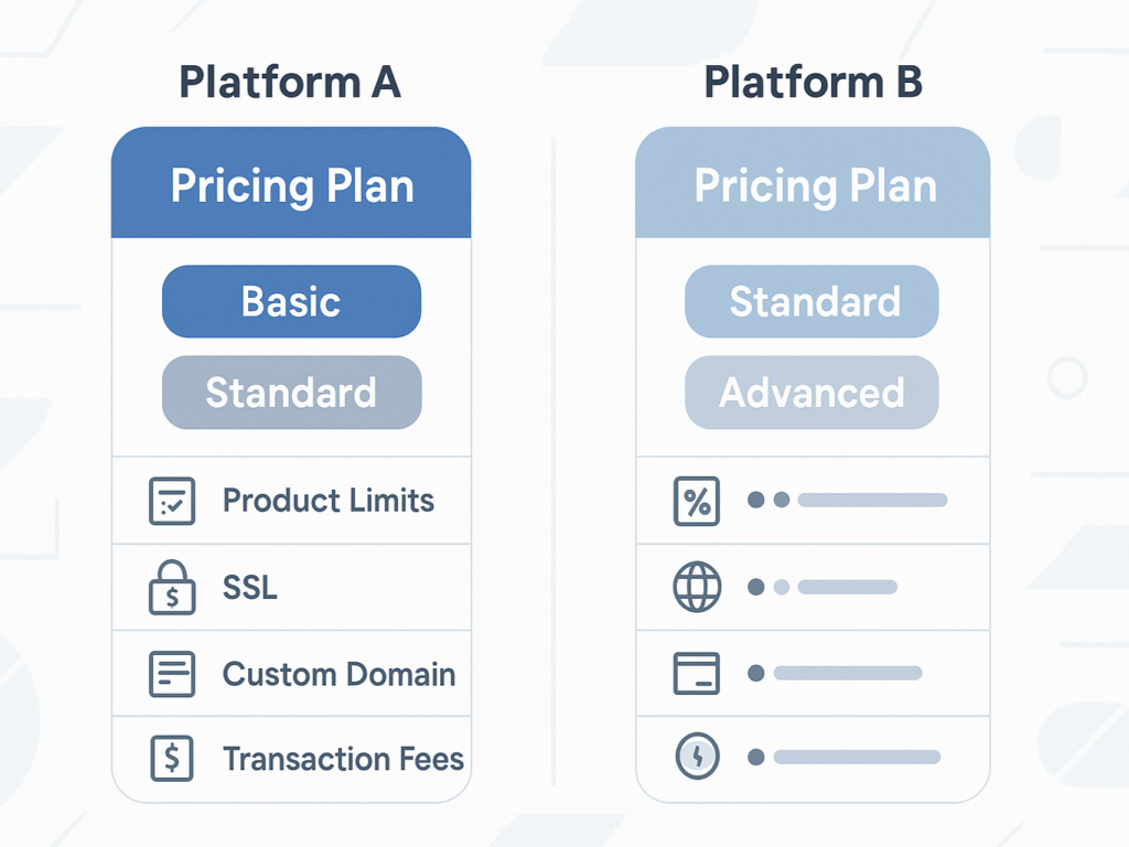 Side-by-side visual comparison of two e-commerce platform pricing plans and features.