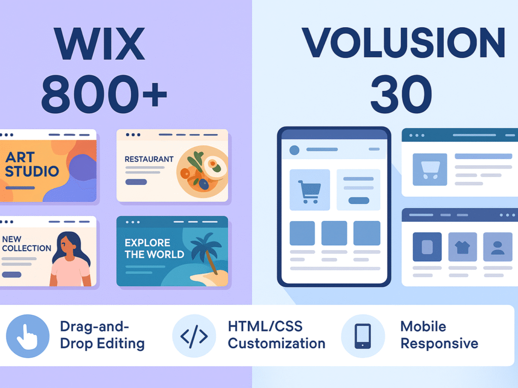 Side-by-side comparison of Wix and Volusion website templates.