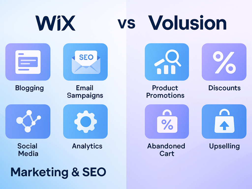 Side-by-side comparison of Wix and Volusion marketing and SEO tools.