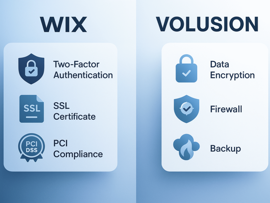 Comparison of Wix and Volusion e-commerce security features.