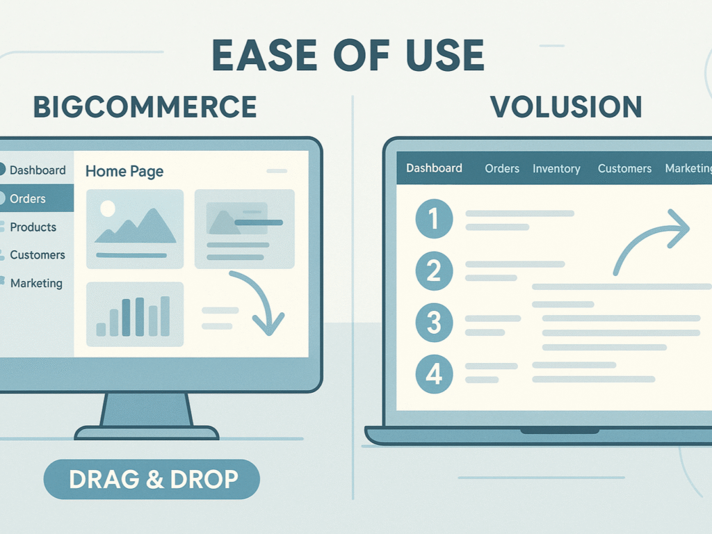 Side-by-side comparison of BigCommerce and Volusion dashboards.