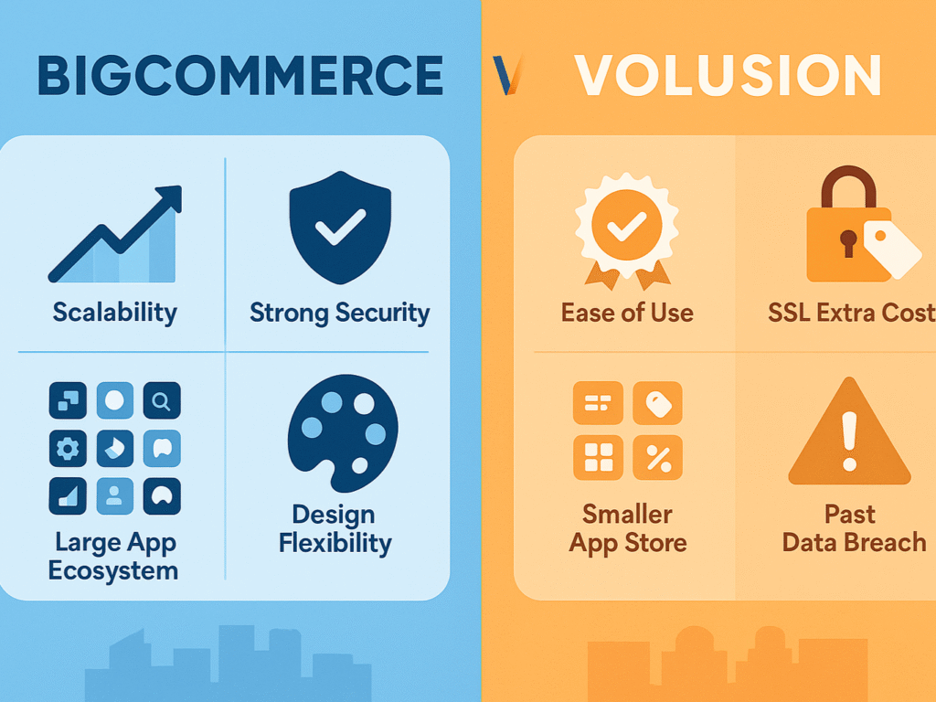 Side-by-side comparison graphic showing BigCommerce leading in scalability, security, design themes, and app integrations, while Volusion scores slightly higher in ease of use but has hidden costs and fewer.