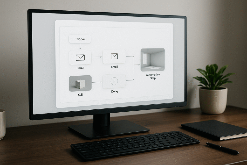 A professional desk scene showing an email marketing workflow diagram on-screen, representing Flodesk-style automation tools.