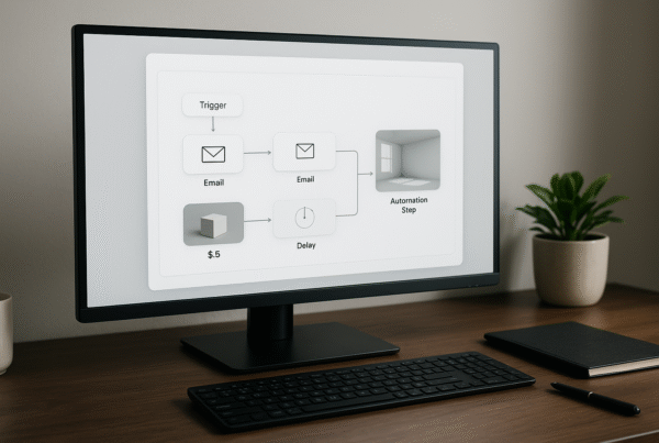 A professional desk scene showing an email marketing workflow diagram on-screen, representing Flodesk-style automation tools.