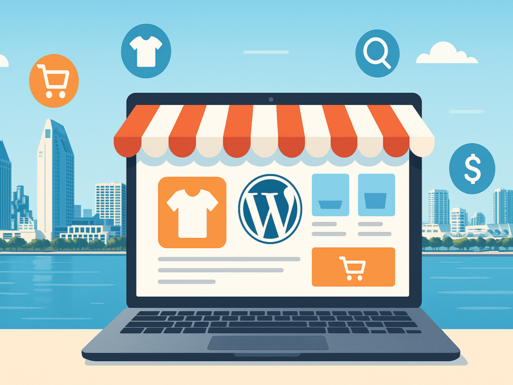 San Diego skyline blended with WordPress e-commerce storefron.