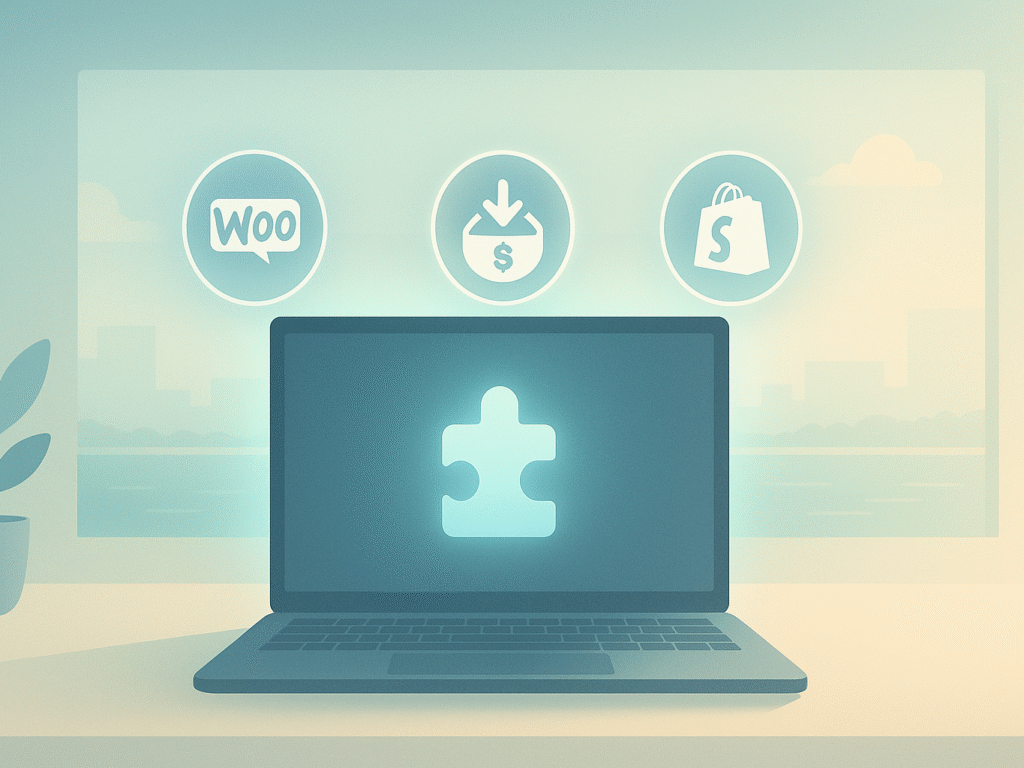 Laptop with floating eCommerce plugin icons in a San Diego-inspired setting.