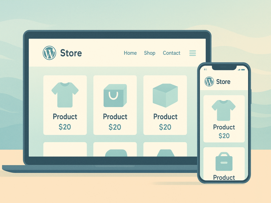 Modern WordPress eCommerce storefront design with coastal-inspired colors.