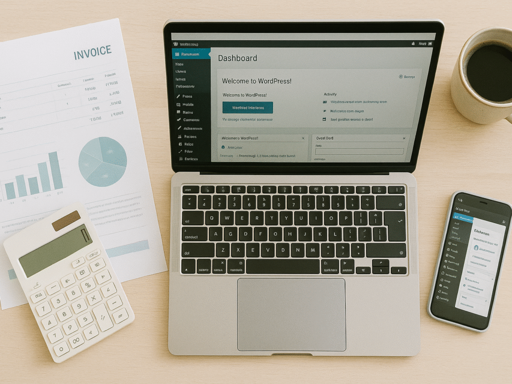 Workspace with WordPress e-commerce pricing documents and laptop.