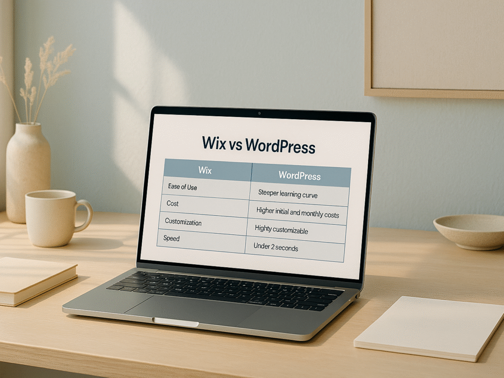 Laptop screen comparing Wix and WordPress features for San Diego businesses.