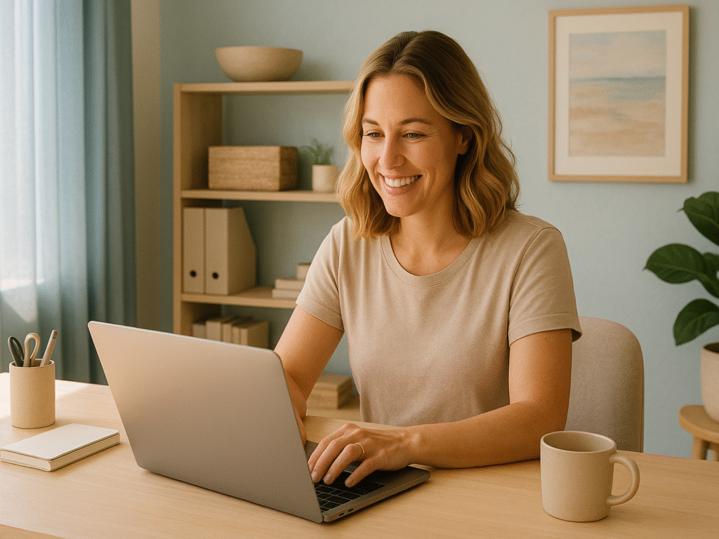 Business owner in San Diego easily managing a website on a laptop