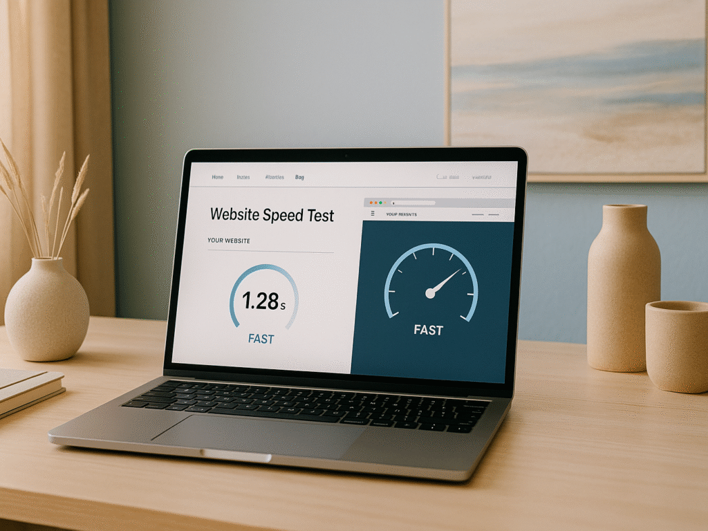 Modern laptop with speedometer graphic showing fast website loading speed.