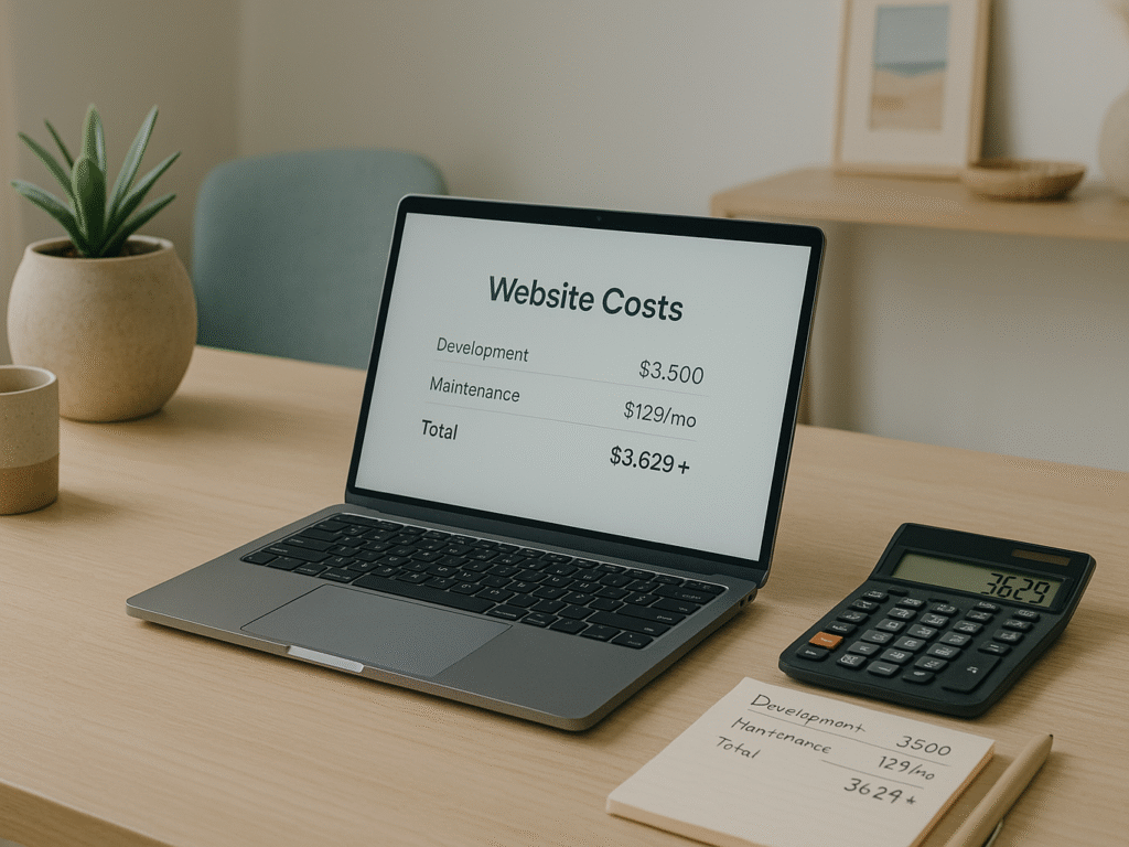 Workspace scene with laptop, calculator, and notes showing website costs.