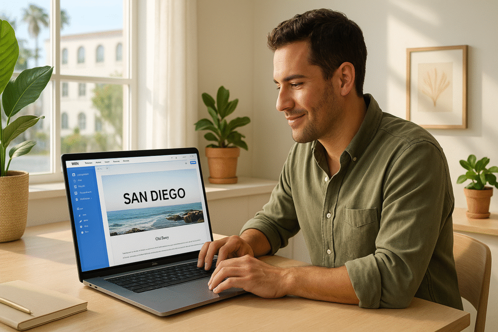 Modern San Diego small business owner working on a sleek laptop, Wix website design on screen.
