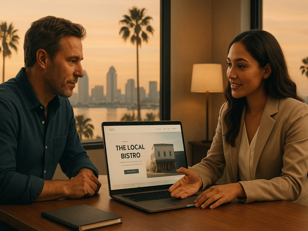 San Diego business web design concept showing a Wix designer presenting website options to a small business owner.