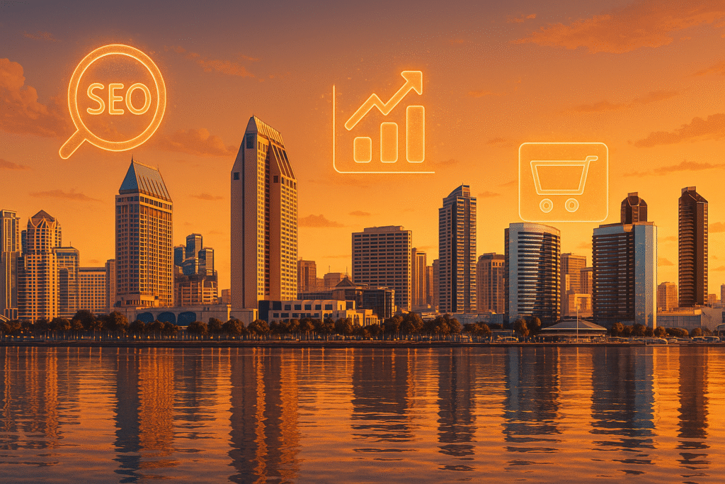 San Diego city skyline at sunset with e-commerce and SEO marketing icons overlaid.