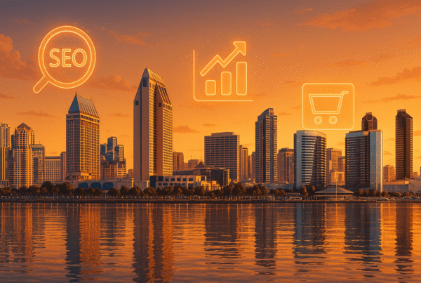 San Diego city skyline at sunset with e-commerce and SEO marketing icons overlaid.
