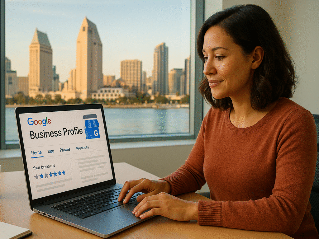 Business owner updating Google Business Profile on a laptop.