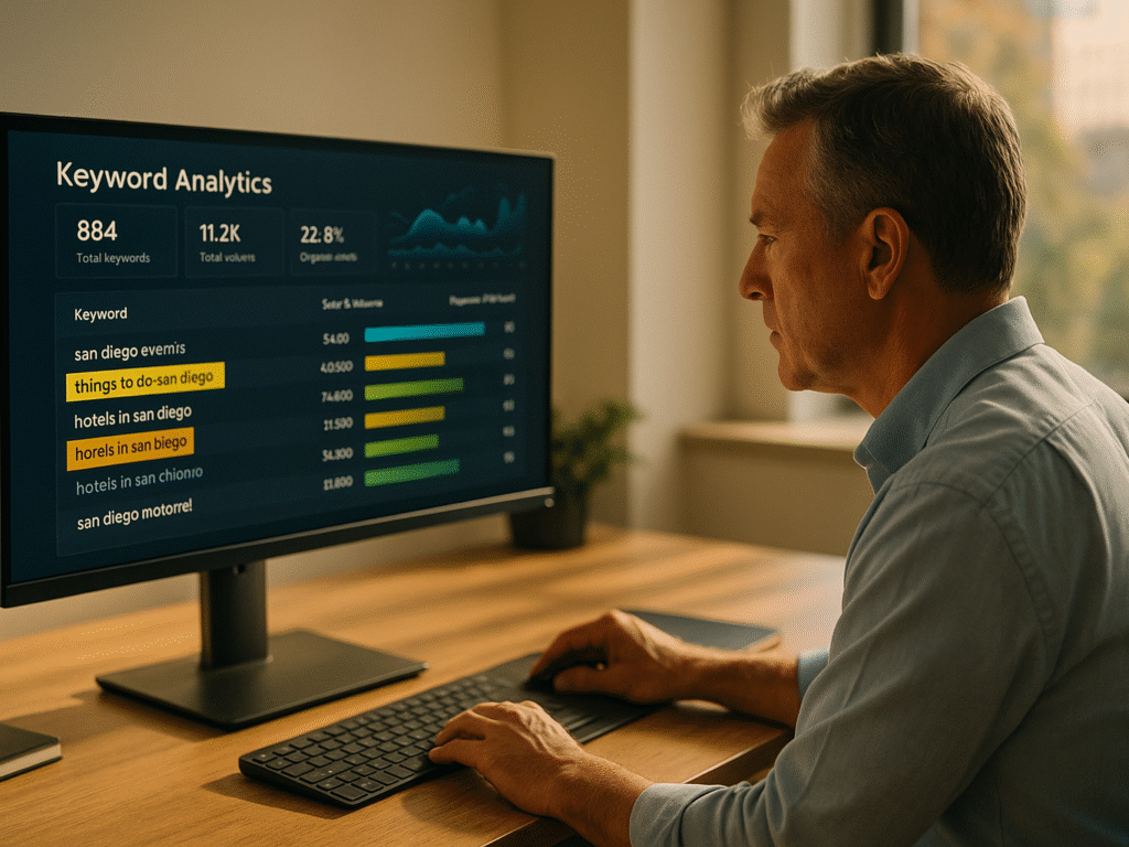 Shopify store owner analyzing keyword data on a computer.