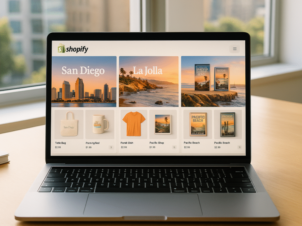Shopify store website displaying multiple San Diego-specific landing pages.