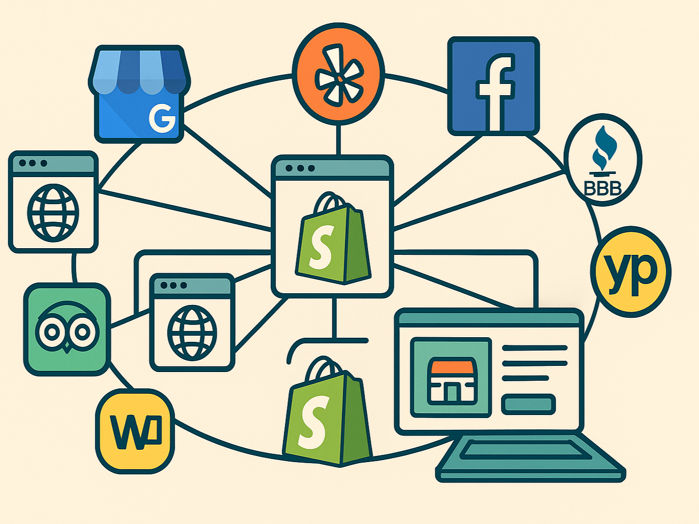 Digital marketing dashboard showing a network of interconnected local websites and directories boosting a Shopify store’s SEO visibility in San Diego.