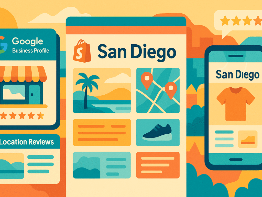 Collage of Shopify store elements optimized for local SEO in San Diego.