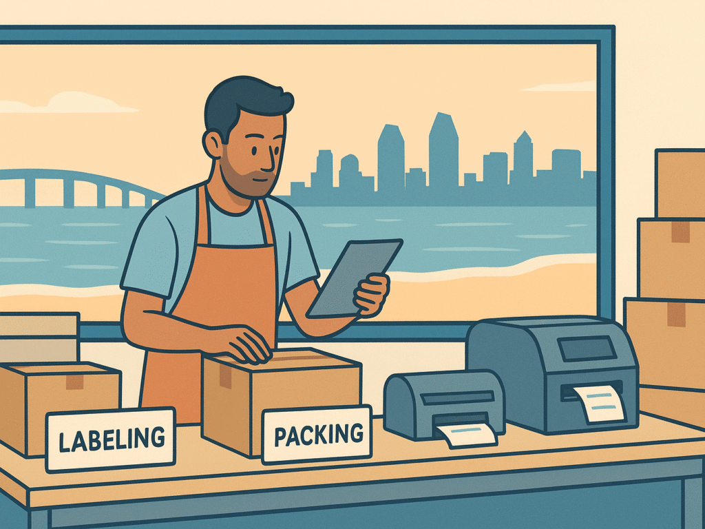 San Diego shop owner preparing packages at a fulfillment station with boxes and labels.