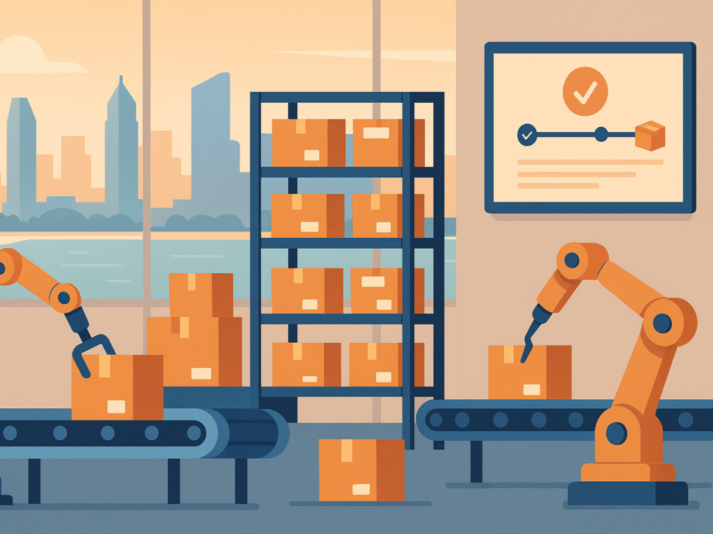 Modern warehouse with automated fulfillment systems and digital order tracking screens.