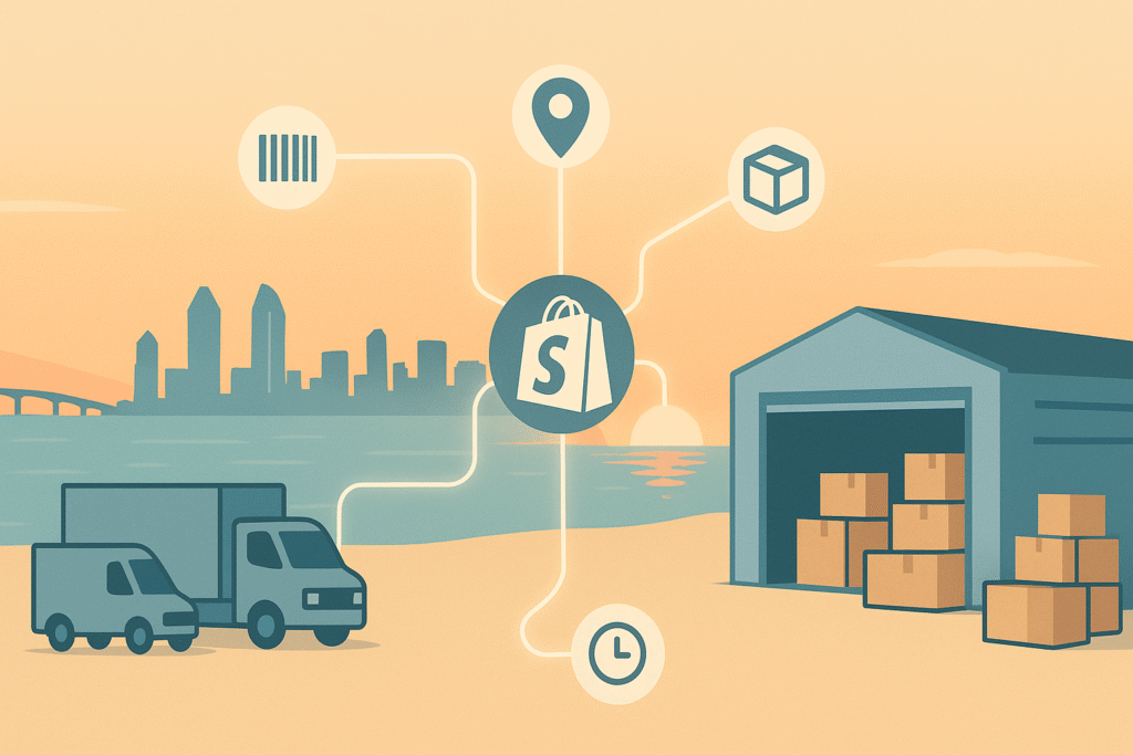 San Diego skyline with e-commerce fulfillment trucks, warehouse, and shipping icons.