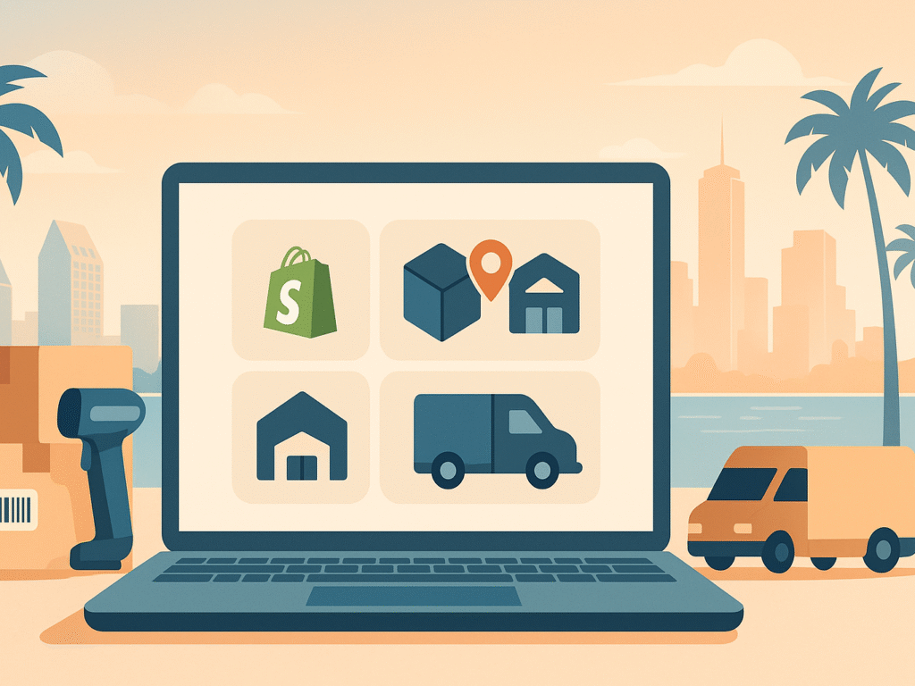 Laptop showing Shopify fulfillment apps with shipping boxes, delivery van.