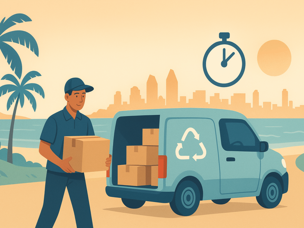 Delivery driver unloading packages quickly in a San Diego neighborhood.