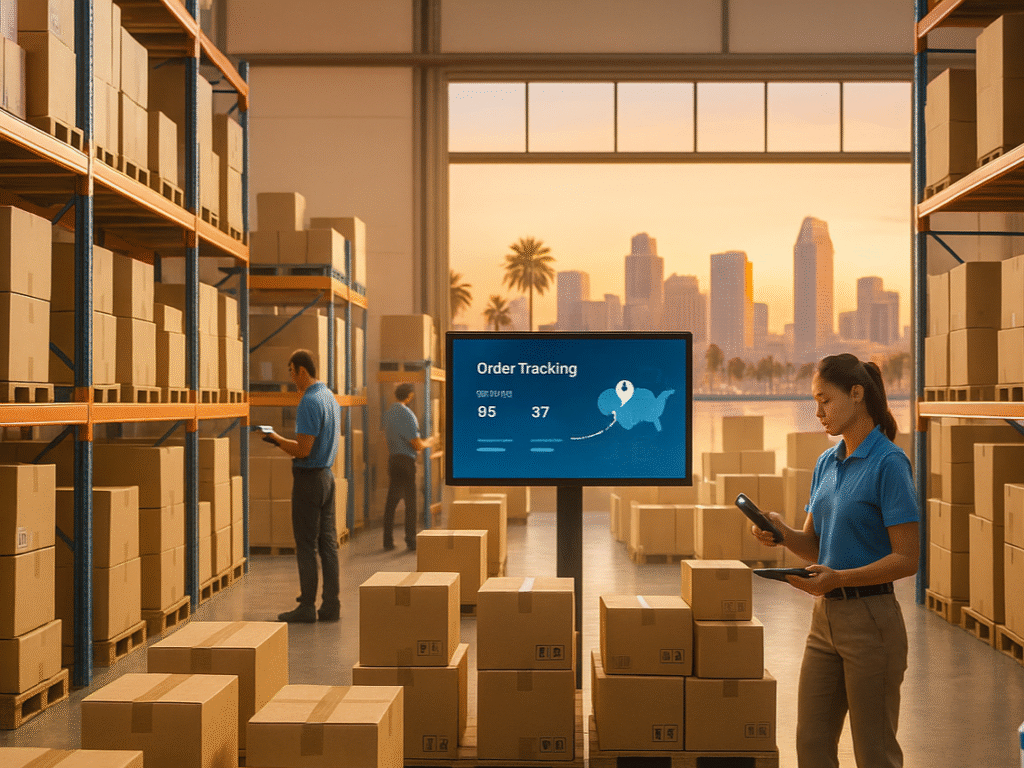 Modern San Diego e-commerce warehouse with packages, workers scanning inventory, and real-time order tracking display.