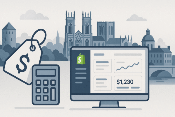 Illustration of York skyline with a laptop showing Shopify pricing and a cost estimate calculator.
