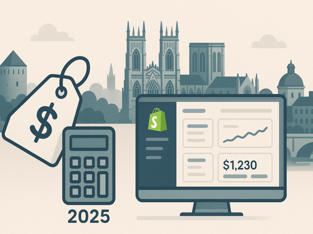 Illustration of York skyline with York Minster and e-commerce icons.