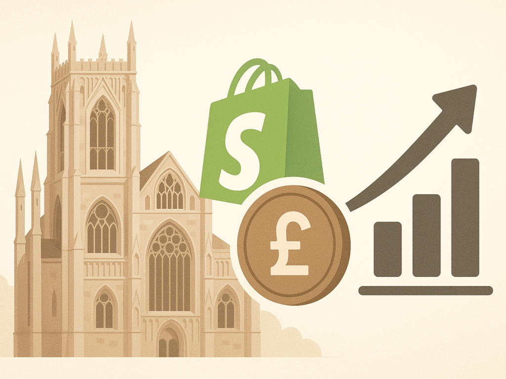 York skyline with digital business icons.