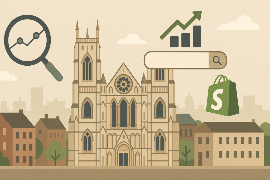 York skyline blended with digital SEO icons like magnifying glass, charts, and Shopify logo.